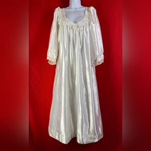 Vtg Donna Richard White Satin Lace Prairie Nightgown Maxi Mumu Lingerie Gown 